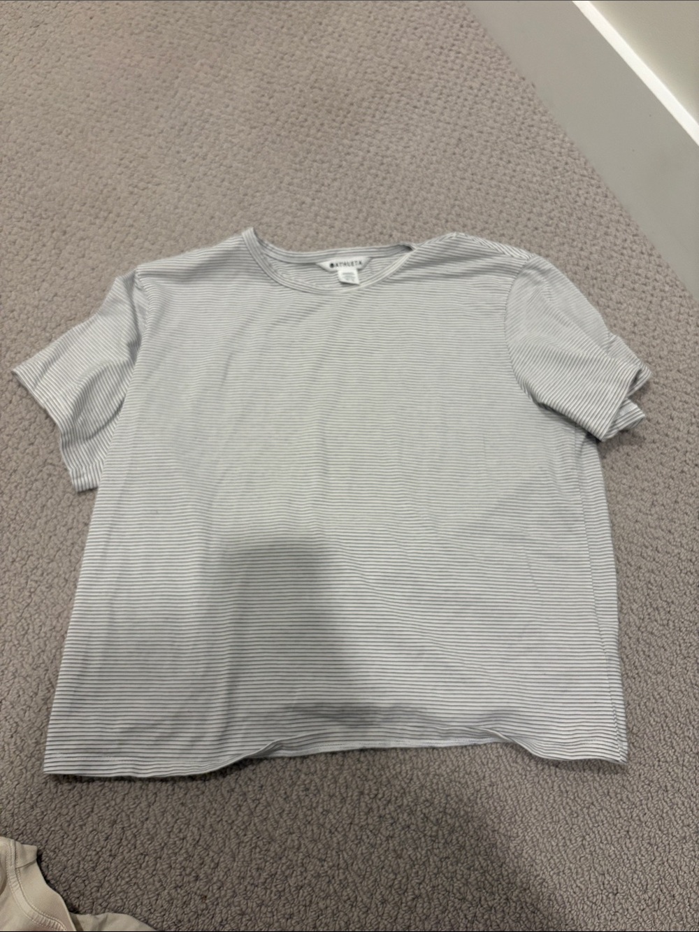 Athleta Light Black and White Striped Short Sleeve Tee